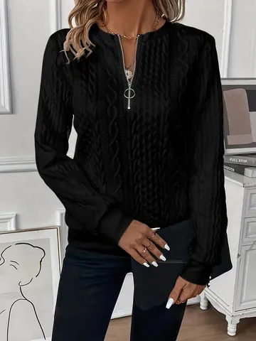 Women Half Zip Sweatshirt Padded Embossed Cable Knit Loose Fit Pullover Long Sleeve Casual Warm Fleece Top For Autumn Winter