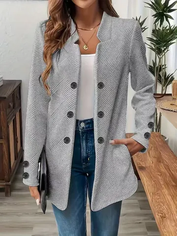 Women Elegant Textured Blazer Jacket Fashion Long Sleeve Button Mid-Length Solid Color Office Commute Coat For Autumn Winter