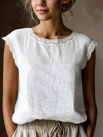 Blusa Sin Mangas para Mujer Patchwork de Encaje Cuello Redondo Color Sólido Poliéster Top Vintage Casual Verano Diario