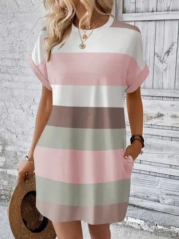 Women Casual Short Sleeve Round Neck Striped Milk Silk Dress Summer Loose A-line Midi Dress with Pockets Daily Commute