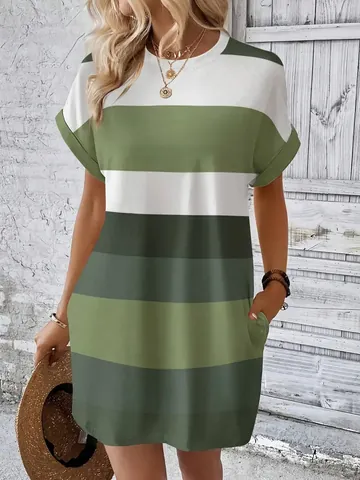 Women Casual Short Sleeve Round Neck Striped Milk Silk Dress Summer Loose A-line Midi Dress with Pockets Daily Commute