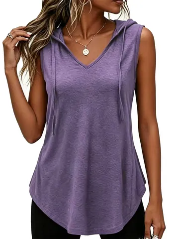 Damen Casual Ärmelloses Kapuzen T-Shirt V-Ausschnitt Pullover Top Einfarbig Gebogener Saum Polyester Sommer Mode Weste