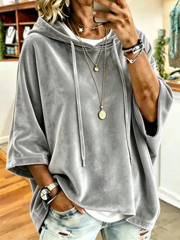Women Velvet Pullover Hoodie Casual 3/4 Sleeve Oversized Sweatshirt Solid Color Loose Top For Autumn Winter