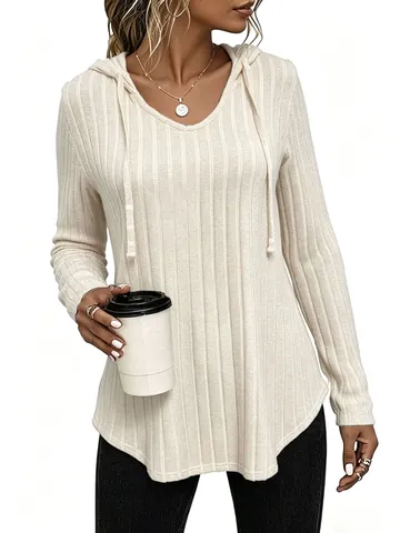 Unisex Geribbelde T-shirt met Capuchon Lange Mouw V-hals Trekkoord Pullover Casual Effen Kleur Gebogen Zoom Gebreide Polyester Top