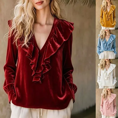 Women Elegant Velvet V-Neck Ruffle Blouse Solid Color Long Sleeve Top Autumn Casual Party Wear Polyester Clothing