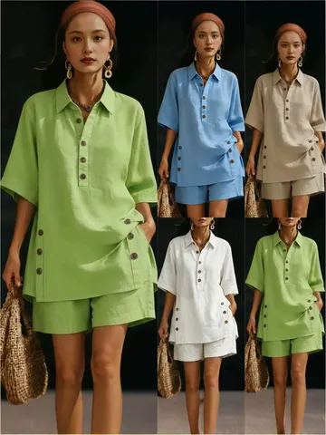 Conjunto De Parte Superior E Inferior De Poliéster Para Mujer Camisa De Manga Corta Con Botones Y Pantalones Cortos Sueltos