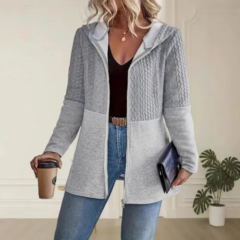 Women Casual Patchwork Hooded Jacket Contrast Wavy Textured Long Sleeve Zipper Outerwear Loose Fit Mid-Length Coat Fashion Top