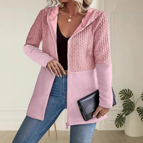 Women Casual Patchwork Hooded Jacket Contrast Wavy Textured Long Sleeve Zipper Outerwear Loose Fit Mid-Length Coat Fashion Top