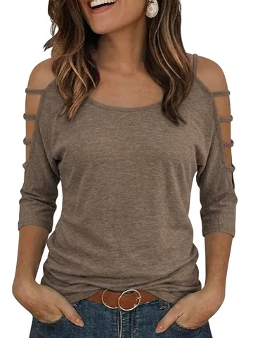 Women Cold Shoulder T-Shirt Polyester Round Neck Cutout Straps Half Sleeve Casual Loose Plain Summer Top For Ladies