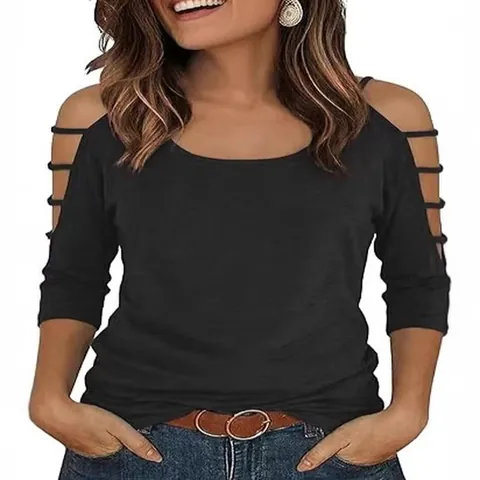 Women Cold Shoulder T-Shirt Polyester Round Neck Cutout Straps Half Sleeve Casual Loose Plain Summer Top For Ladies