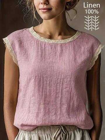 Camicia da Donna Casual in Lino Cotone Senza Maniche Girocollo Patchwork di Pizzo Top Estivo Largo Tinta Unita Stile Boho