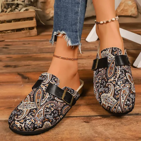 Sabots Imprimés pour Femmes Chaussons Bohème Paisley Mules Plates Boucle Rétro Bout Fermé Chaussures Doublées de Polaire