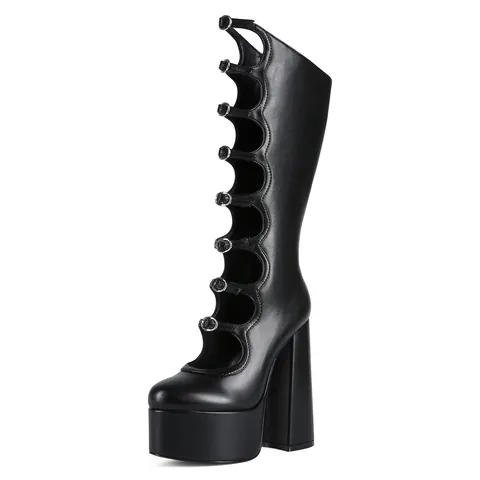 Women Gothic Punk Knee High Boots Platform Block High Heel Sandal Boots Multi Buckle Side Zip Black Party Shoes