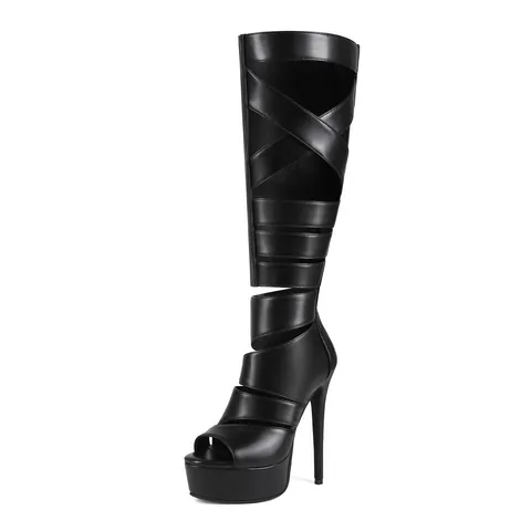Women Sexy Platform Gladiator Boots Stiletto Ultra High Heel Peep Toe Knee High Hollow Strappy Sandals With Back Zipper Nightclub Stage Performance Shoes