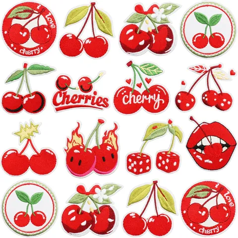 Cherry Embroidery Patch Iron On Badges For Clothing Bags DIY Applique Red Fruit Lips Dice Embroidered Patches Decorative Accessories