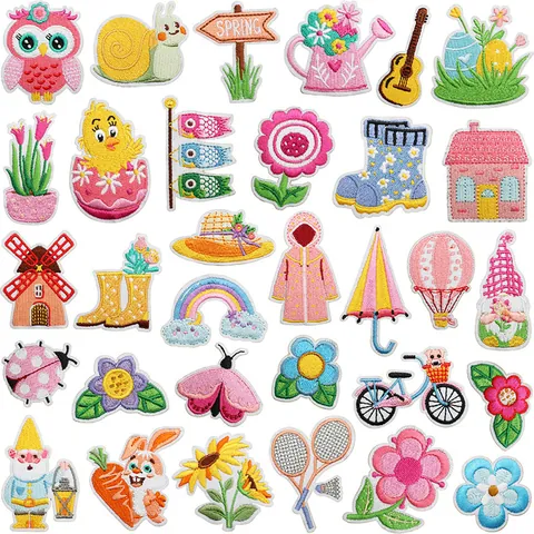 Frühlings-Thema Bestickte Aufnäher Polyester-Garn Aufbügelbilder Für Kleidung Dekoration DIY Sonnenblume Schnecke Tier Applikation
