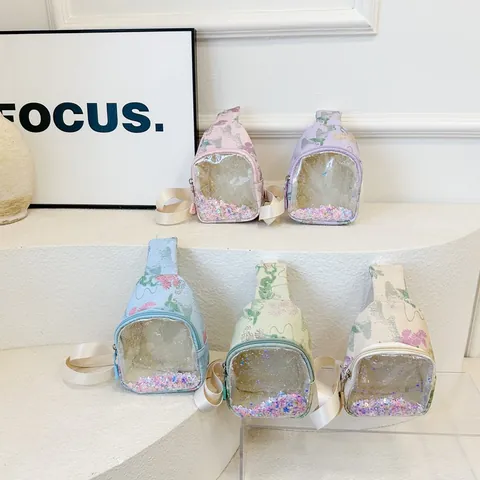Linda Bolsa de Pecho para Niños con Lentejuelas Arena Movediza Estampado Floral Nylon Bolsa de Mensajero Moda Niñas