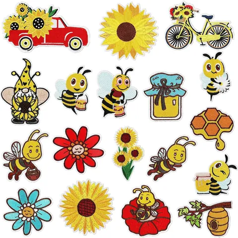 Sunflower Bee Embroidered Patch Set For Clothing Iron On Sew On Cartoon Bee Honeycomb Floral Decorative Patches For Backpack DIY Accessory