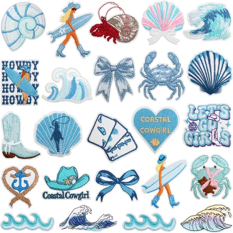 Blue Ocean Theme Embroidered Patches Surf Girl Sea Wave Crab Shell Iron On Sew On Appliques For Clothing DIY Decoration