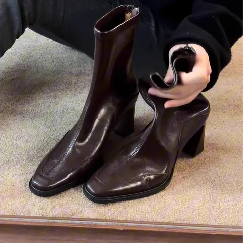 Split Leather Square Toe Chunky Heel Ankle Boots For Women Fashion Back Zipper Fleece Lined Mid Heel Short Boots Winter Autumn Solid Color Dress Shoes