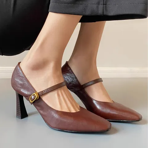 Zapatos Mary Jane de Cuero Auténtico para Mujer Retro Francés Punta Cuadrada Minimalista Tacones Altos Gruesos Correa con Hebilla