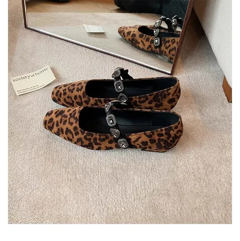 Women Vintage Leopard Print Mary Jane Shoes Square Toe Rhinestone Heart Buckle Elegant Suede Flat Shoes Casual Dress Shoes