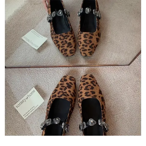 Women Vintage Leopard Print Mary Jane Shoes Square Toe Rhinestone Heart Buckle Elegant Suede Flat Shoes Casual Dress Shoes