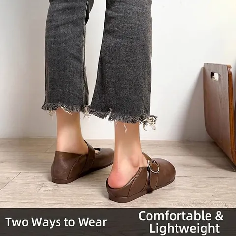 Damen Übergröße Mary Jane Ballerinas Braun Schafsleder Einlegesohle Mikrofaser Leder Runde Zehe Schnallen Retro Freizeitschuhe