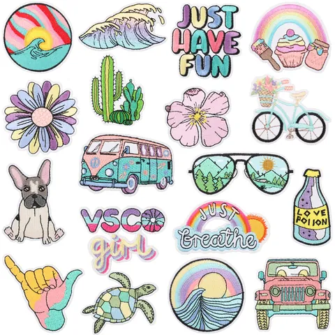 Summer Series Wave Cactus Rainbow Embroidery Patch Set Cartoon Embroidered Cloth Sticker For Clothing Backpack DIY Decoration