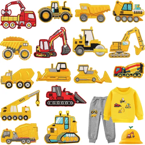 Cartoon Baufahrzeug Engineering LKW Bagger Stickerei Stoff Flicken Aufbügeln Aufnähen Applikationen Für Kinder Kleidung DIY
