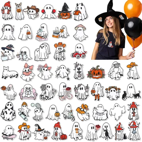 Halloween Cartoon Ghost Embroidered Patches For Clothing Iron On Cute Ghost Pumpkin Cat Flower Applique Badges DIY Decoration