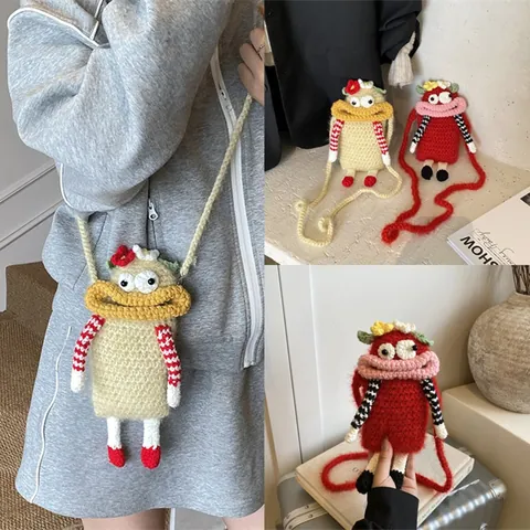 Bolso Bandolera de Monstruo de Boca Grande Funky Hecho a Mano a Ganchillo Lindo Punto Monedero para Celular Mini Bolso de Hombro Casual