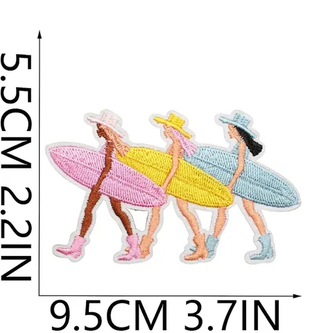 Pink Surfing Girl Theme Embroidered Patches Polyester Marine Sea Life Iron On Appliques For Clothes Decor DIY Sewing Accessories