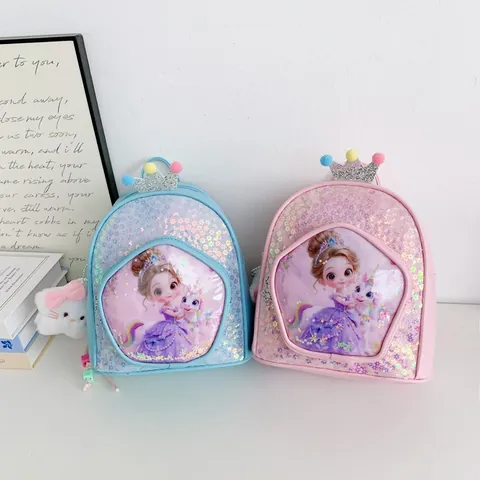 Girls Sequin Cartoon Backpack PU Leather Princess Unicorn Print School Bag With Crown And Plush Pendant For Toddler
