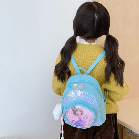 Girls Sequin Cartoon Backpack PU Leather Princess Unicorn Print School Bag With Crown And Plush Pendant For Toddler