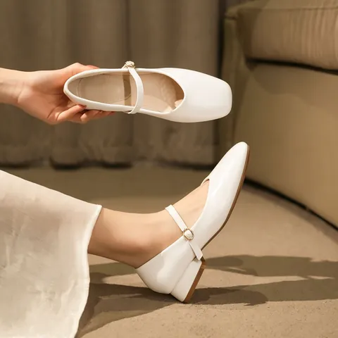 Zapatos Mary Jane para Mujer Punta Cuadrata Tacón Grueso Cuero de Microfibra Suela Blanda Ajuste Ancho Tacones Tallas Grandes
