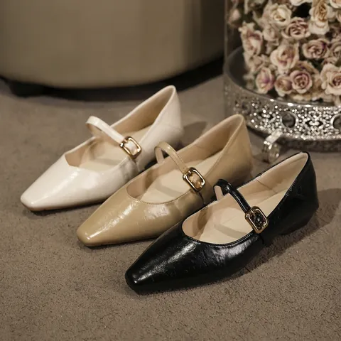 Women French Vintage Mary Jane Shoes Wide Fit Microfiber Flats Square Toe Comfortable Low Heel Buckle Retro Grandma Shoes