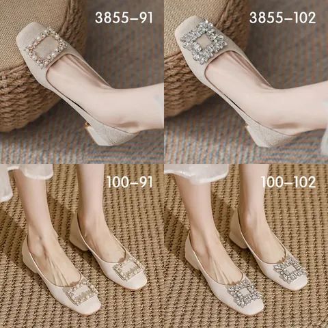 Women Wide Fit Shoes Square Toe Block Low Heel Pumps Microfiber Rhinestone Artificial Pearl Buckle Korean Style Casual Large Size Comfortable Flats