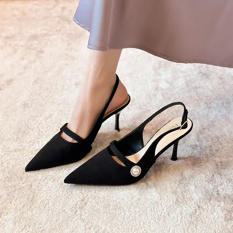 Zapatos de Tacón Destalonados de Gamuza con Punta Estrecha Vintage Francés para Mujer Tacones de Aguja con Perlas para Boda