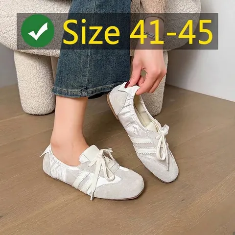Damen Echtleder Ballett Flache Schuhe Übergröße 41-45 Lässige Schnürschuhe Schafsleder Einlegesohle Atmungsaktive Patchwork Wanderschuhe