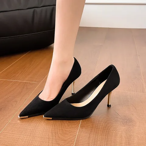 Tacones de Aguja con Punta Puntiaguda para Mujer Gamuza Puntera Metálica Tacón Dorado Galvanizado Escarpins de Oficina
