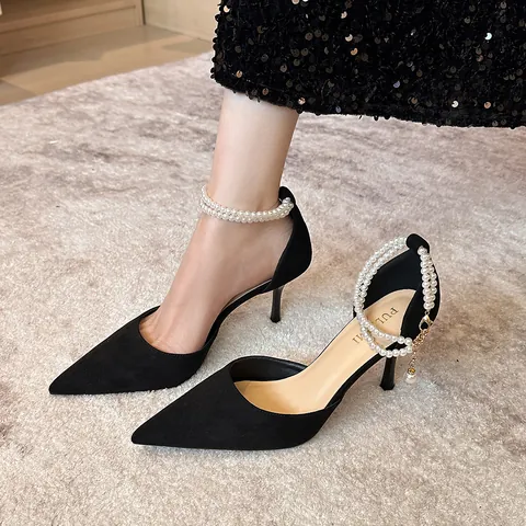Women Suede Pointed Toe Stiletto High Heels Elegant Artificial Pearl Ankle Strap d-Orsay Pumps For Banquet Wedding Party