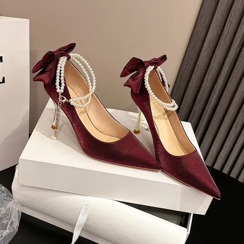 Décolleté con Tacco Alto in Raso Stile Francese Catena di Perle Artificiali Fiocco Stiletto Punta Affusolata Scarpe da Sposa Matrimonio Festa Banchetto Donna Calzature