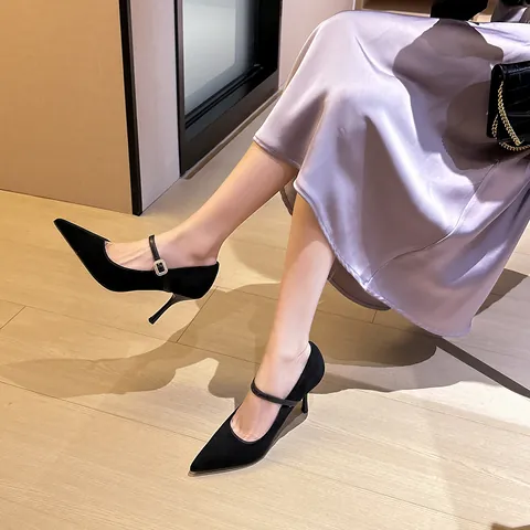 Talons Hauts à Bout Pointu pour Femmes Chaussures Mary Jane en Daim Vintage avec Boucle en Strass Escarpins de Fête Noir