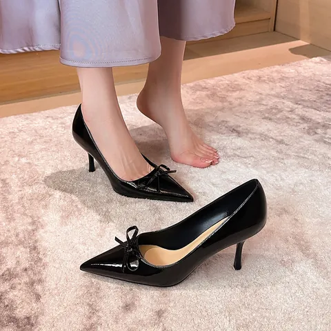 Women Pointed Toe Stiletto Heel Pumps Bowknot Patent Leather Dress Shoes Elegant Shallow Mouth Wedding Party Banquet Footwear Wide Fit