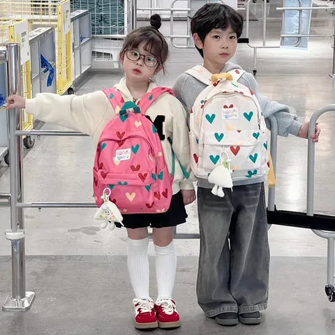Cute Heart Print Kids Backpack Japanese Korean Style Lightweight School Bag For Kindergarten Toddler Boys Girls With Plush Charm