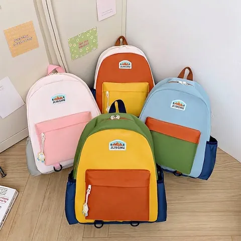 Lightweight Kids Backpack Nylon Multicolored Dopamine Color Blocking School Bag For Students Primary School Travel Daypack