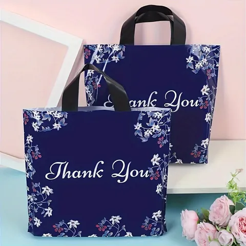 Plastic Gift Bag with Handle Floral Thank You Print Shopping Bag for Clothing Cosmetics Retail Packaging Gradient Multicolor