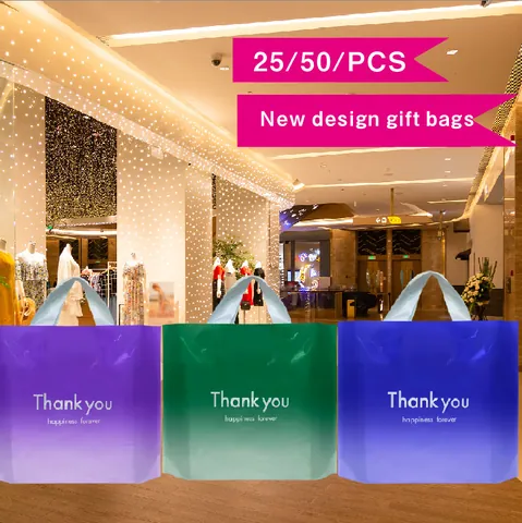 Plastic Gift Bag with Handle Floral Thank You Print Shopping Bag for Clothing Cosmetics Retail Packaging Gradient Multicolor