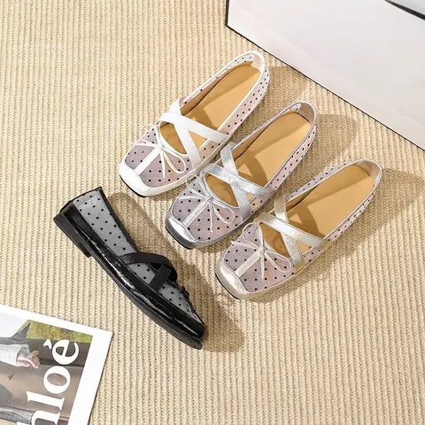 Women French Style Square Toe Ballet Flats Microfiber Polka Dot Mesh Shallow Mouth Shoes With Bowknot Criss-cross Straps Elegant Flat Shoes For Wide Feet